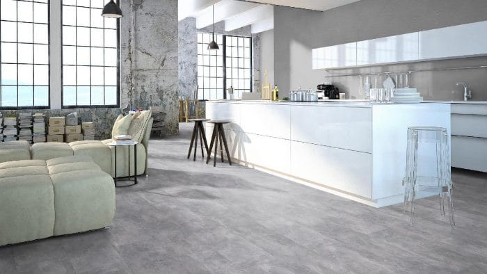 Grey tile effect laminate in a modern kitchen