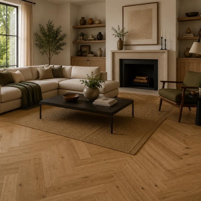 Dynasty Herringbone - 18mm x 90mm x 500mm Engineered Wood Flooring - Oak Brushed & Lacquered