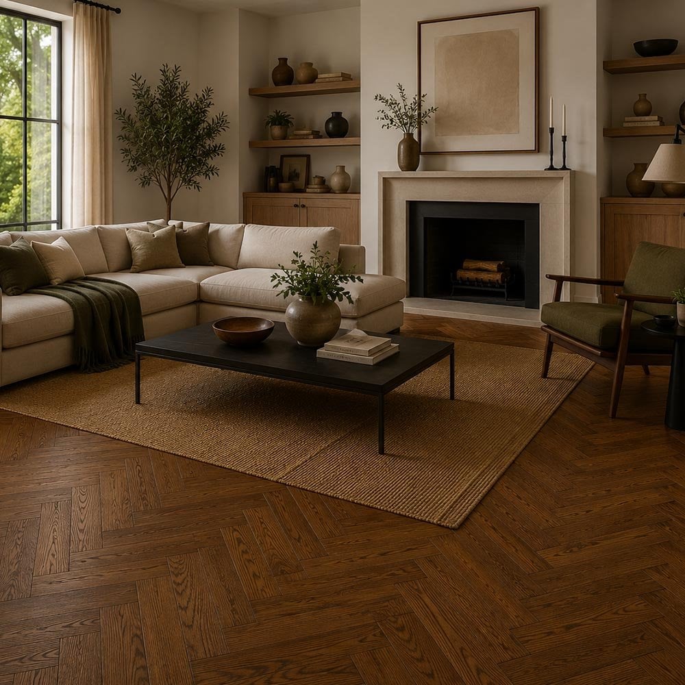 Dynasty Herringbone - 18mm x 90mm x 500mm Engineered Wood Flooring - Oak Brushed, Smoked & Lacqu