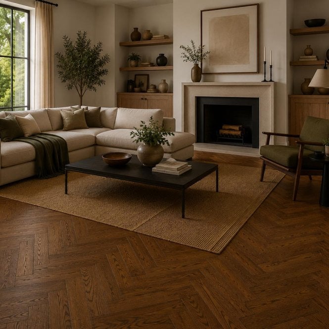 Dynasty Herringbone - 18mm x 90mm x 500mm Engineered Wood Flooring - Oak Brushed, Smoked & Lacquered