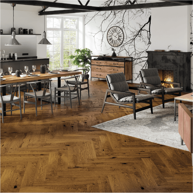 Hampton Herringbone - 14mm Parquet Engineered Flooring - Oak Cognac Matt Lacquered