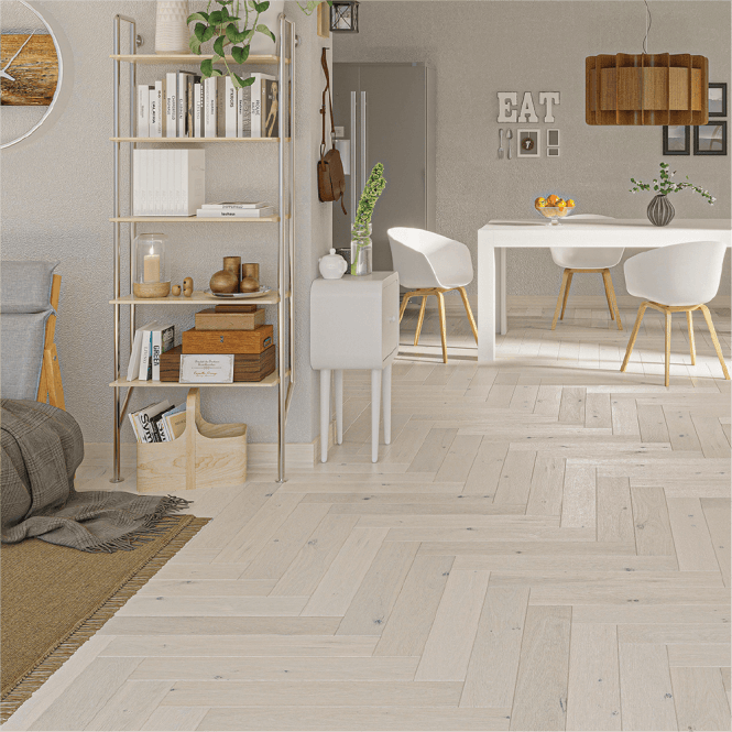 Hampton Herringbone - 14mm Parquet Engineered Flooring - Oak Cream Matt Lacquered