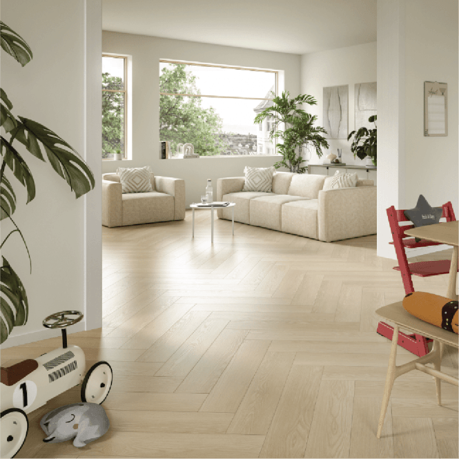 Mysa - 8mm Herringbone Laminate Flooring - Sand Nora Oak