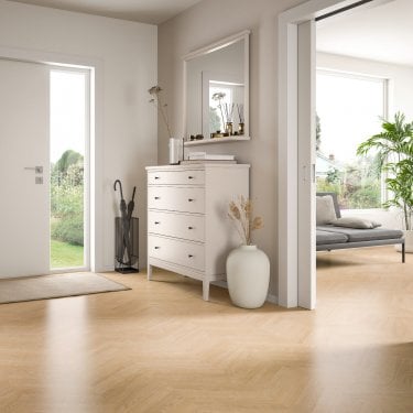 New Signature - 8mm Herringbone Laminate Flooring - Sand Oak